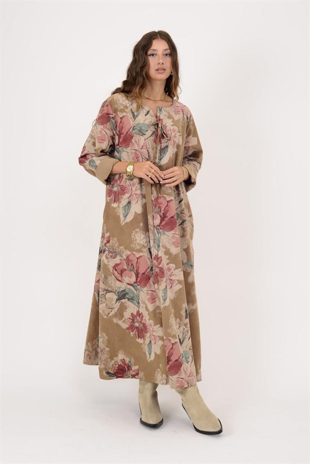 11411 LOVA ÇİÇEK DESEN DÜĞME DETAYLI FİTİLLİ ELBİSE