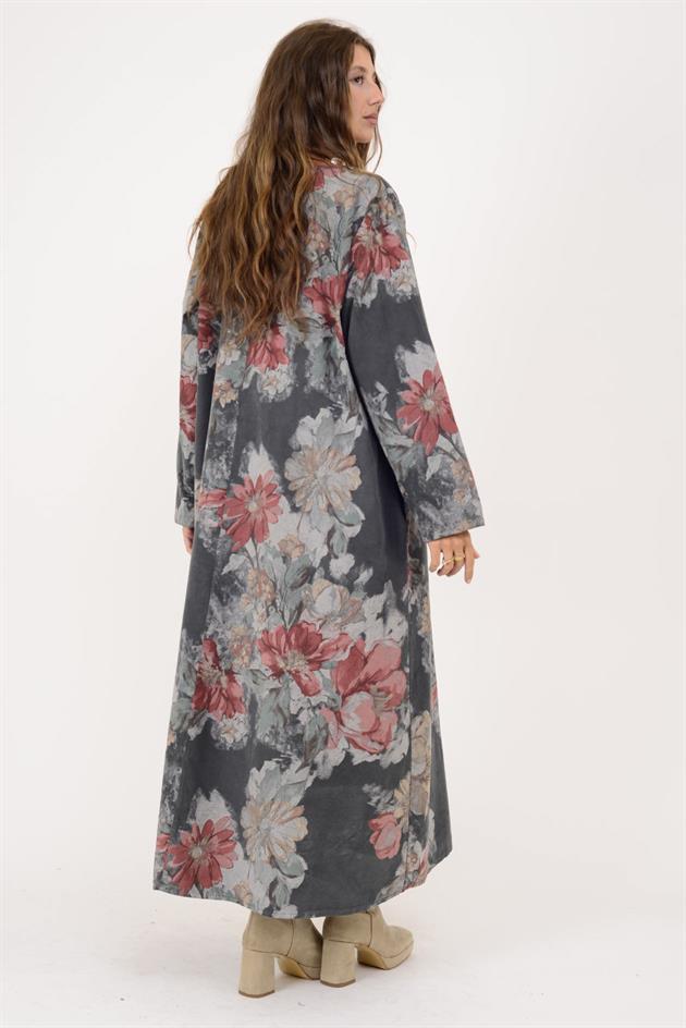 11411 LOVA ÇİÇEK DESEN DÜĞME DETAYLI FİTİLLİ ELBİSE