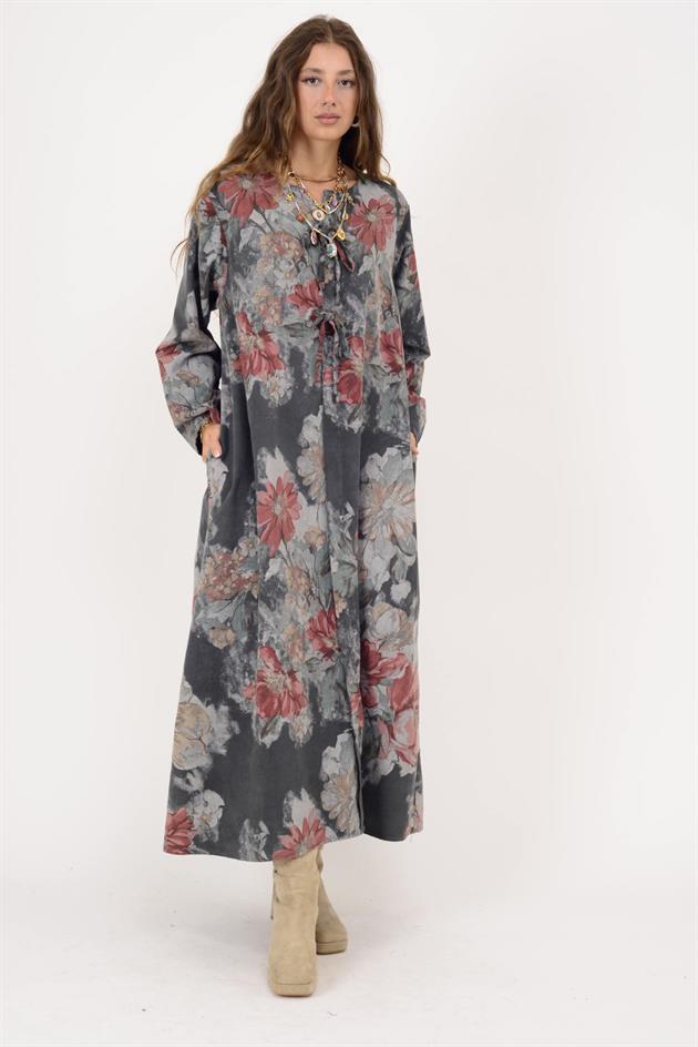 11411 LOVA ÇİÇEK DESEN DÜĞME DETAYLI FİTİLLİ ELBİSE