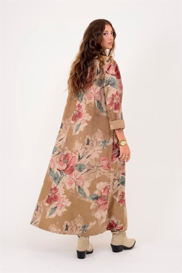 11411 LOVA ÇİÇEK DESEN DÜĞME DETAYLI FİTİLLİ ELBİSE