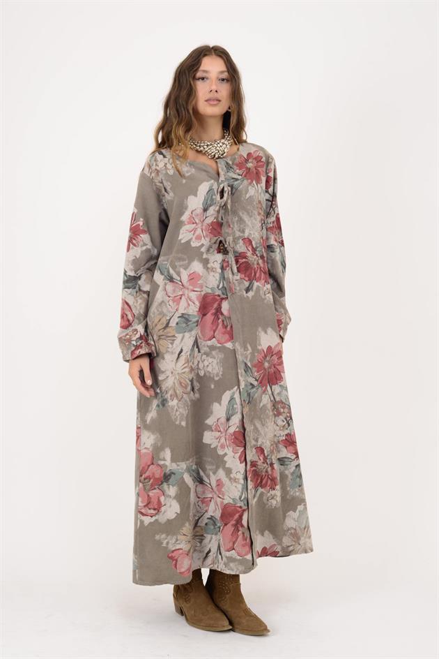 11411 LOVA ÇİÇEK DESEN DÜĞME DETAYLI FİTİLLİ ELBİSE