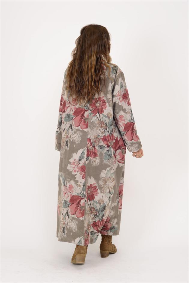 11411 LOVA ÇİÇEK DESEN DÜĞME DETAYLI FİTİLLİ ELBİSE