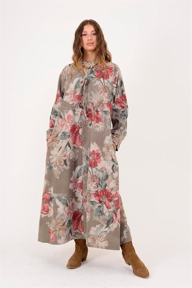11411 LOVA ÇİÇEK DESEN DÜĞME DETAYLI FİTİLLİ ELBİSE