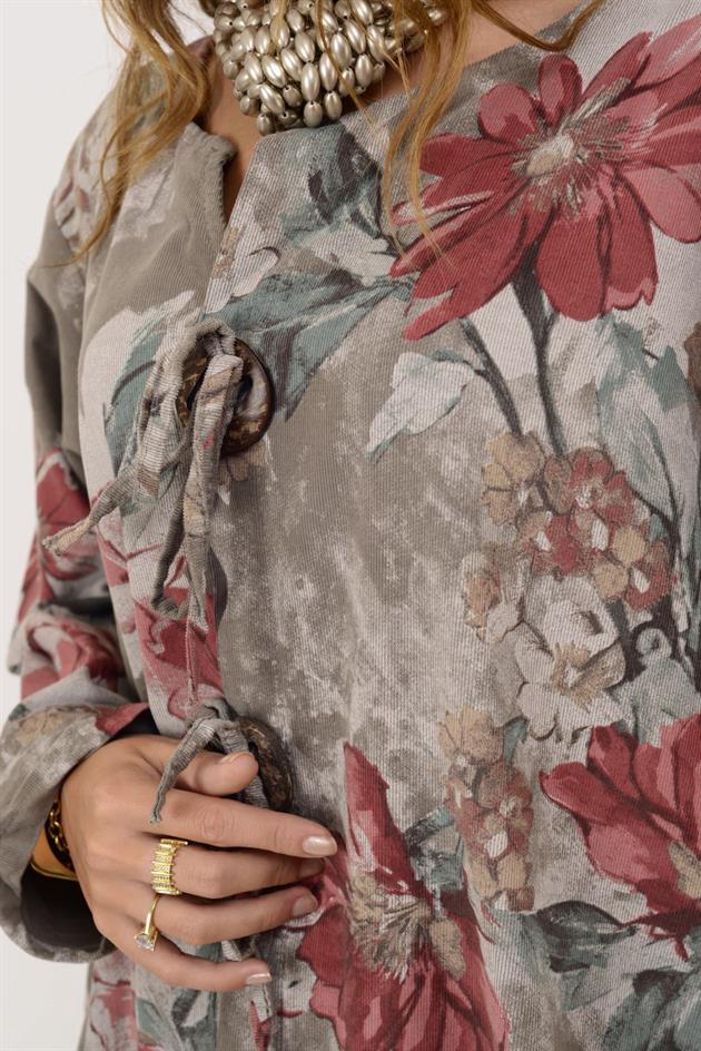 11411 LOVA ÇİÇEK DESEN DÜĞME DETAYLI FİTİLLİ ELBİSE