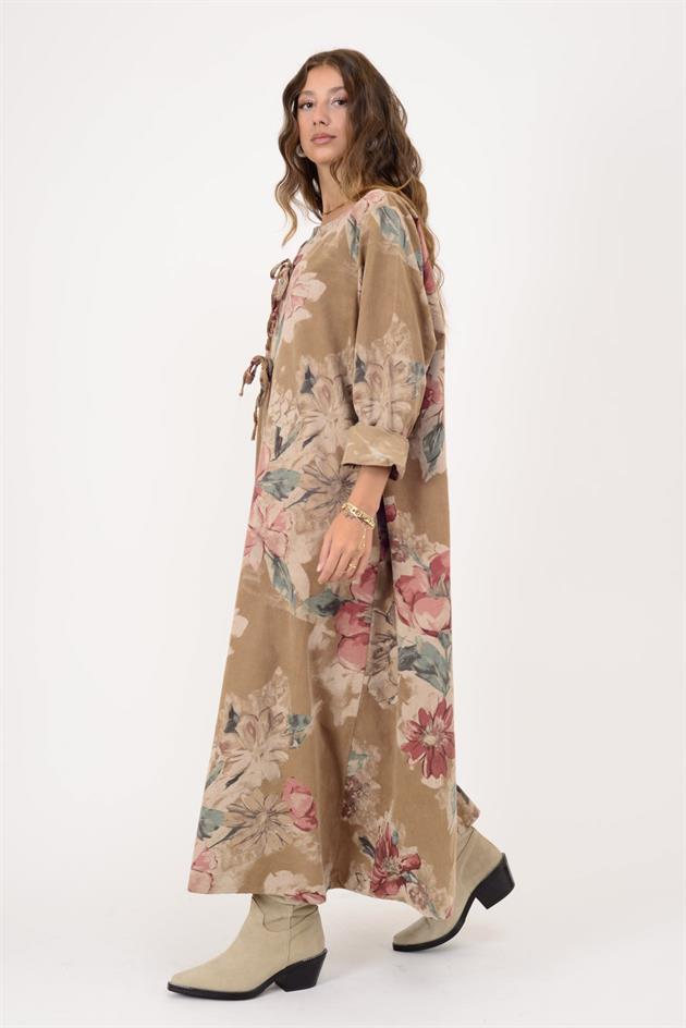 11411 LOVA ÇİÇEK DESEN DÜĞME DETAYLI FİTİLLİ ELBİSE