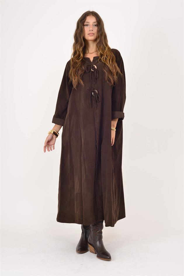 11411 LOVA DÜĞME DETAYLI FİTİLLİ ELBİSE