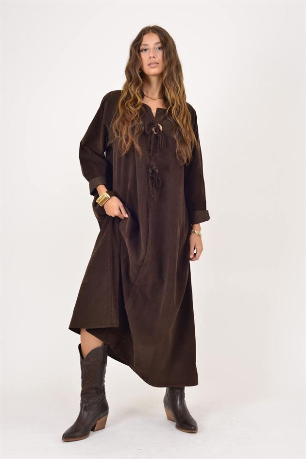 11411 LOVA DÜĞME DETAYLI FİTİLLİ ELBİSE