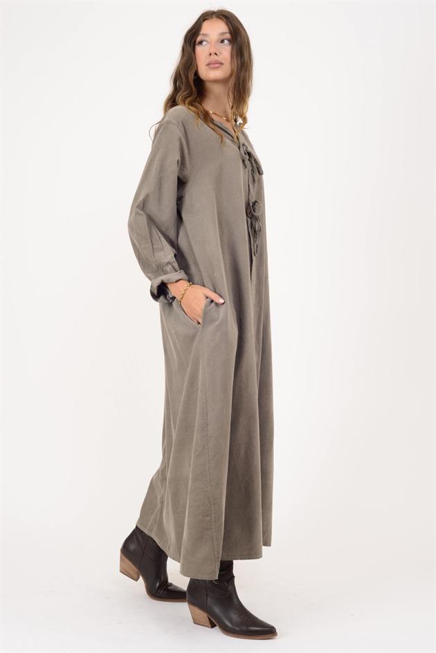 11411 LOVA DÜĞME DETAYLI FİTİLLİ ELBİSE