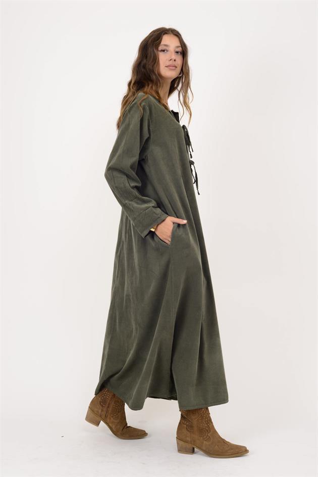 11411 LOVA DÜĞME DETAYLI FİTİLLİ ELBİSE