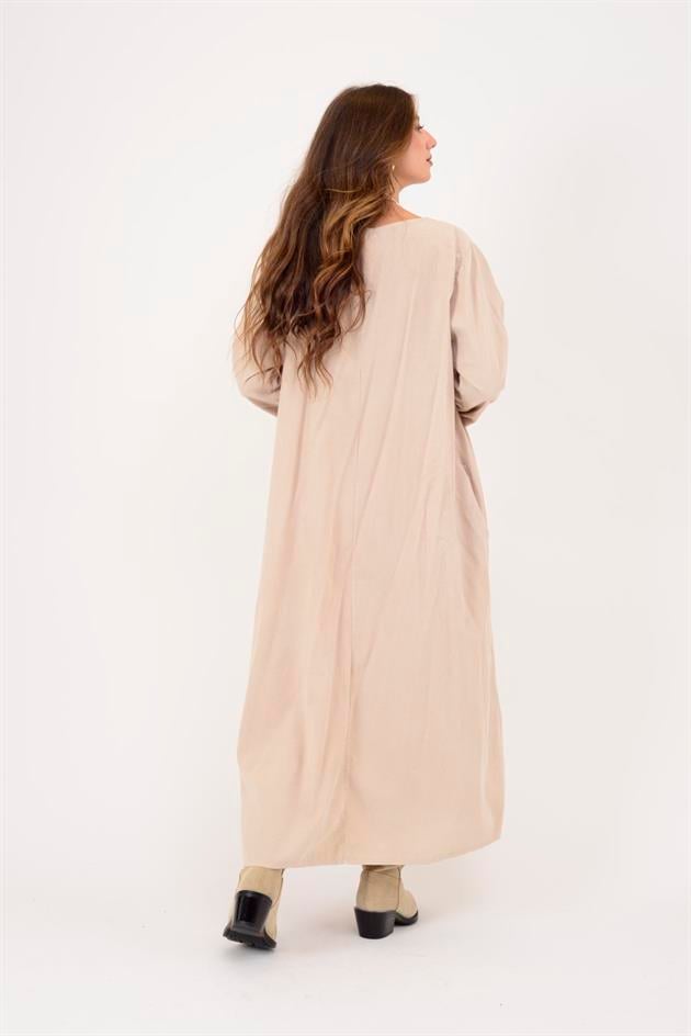 11411 LOVA DÜĞME DETAYLI FİTİLLİ KADİFE ELBİSE