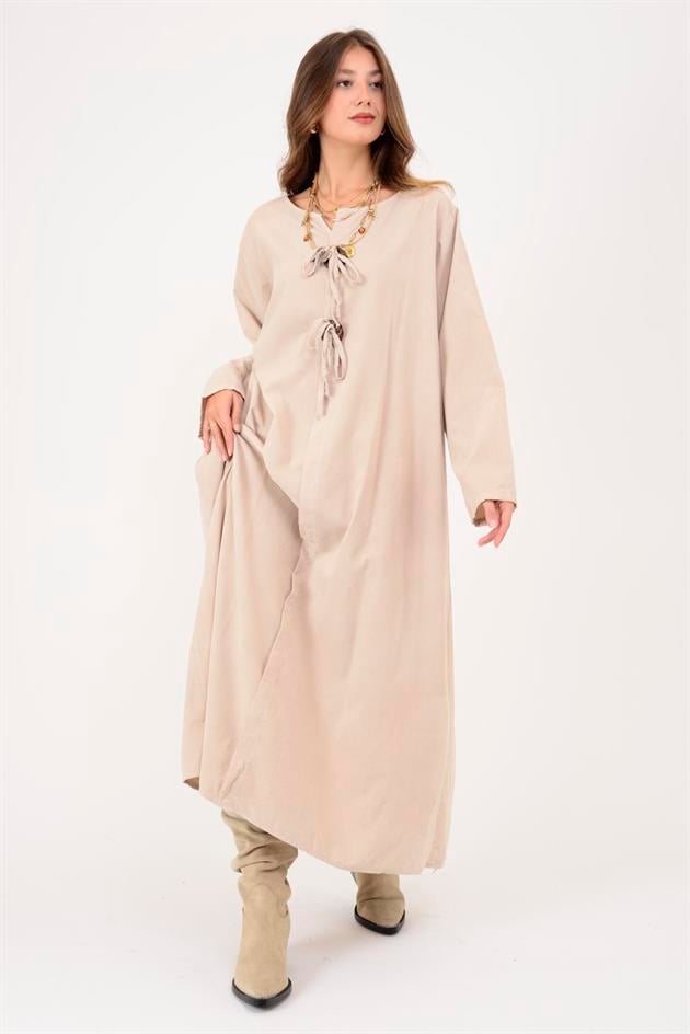 11411 LOVA DÜĞME DETAYLI FİTİLLİ KADİFE ELBİSE