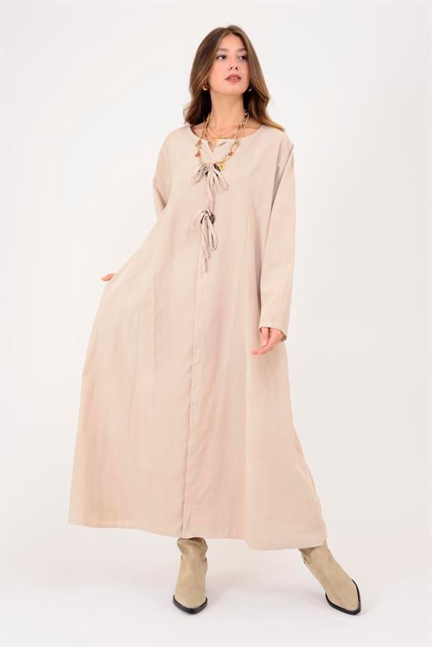 11411 LOVA DÜĞME DETAYLI FİTİLLİ KADİFE ELBİSE