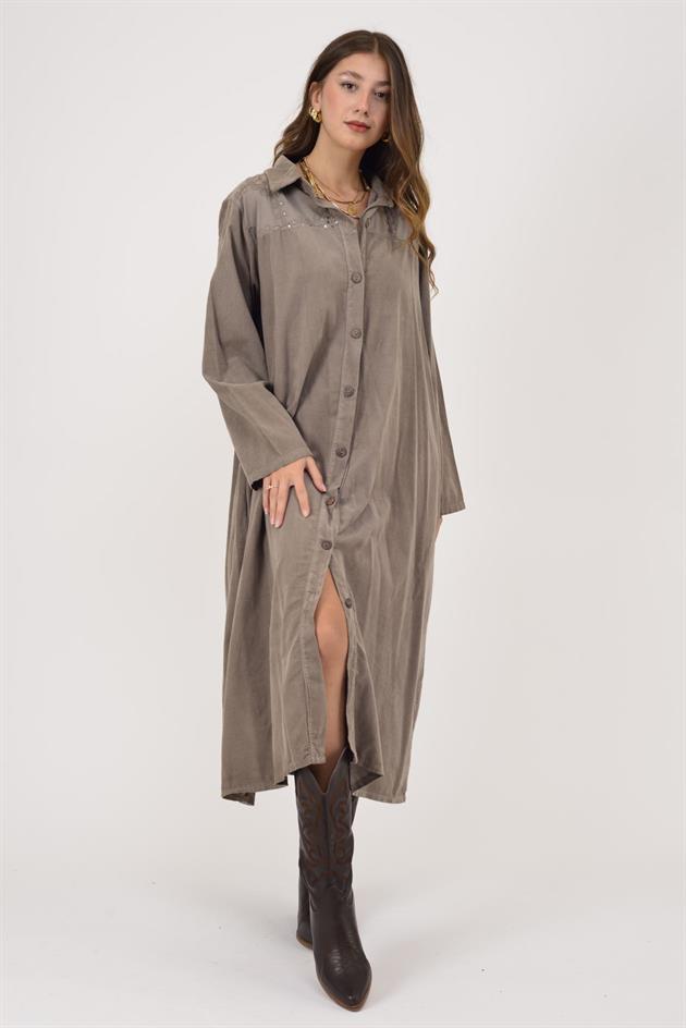 11429 LOVA ÇİÇEK KABARTMALI PUL DETAYLI FİTİLLİ KADİFE ELBİSE