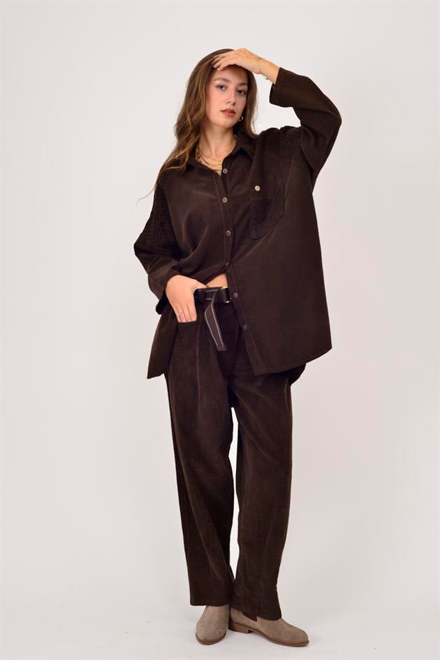 11439 LOVA FİSTO DETAYLI FİTİLLİ KADİFE GÖMLEK