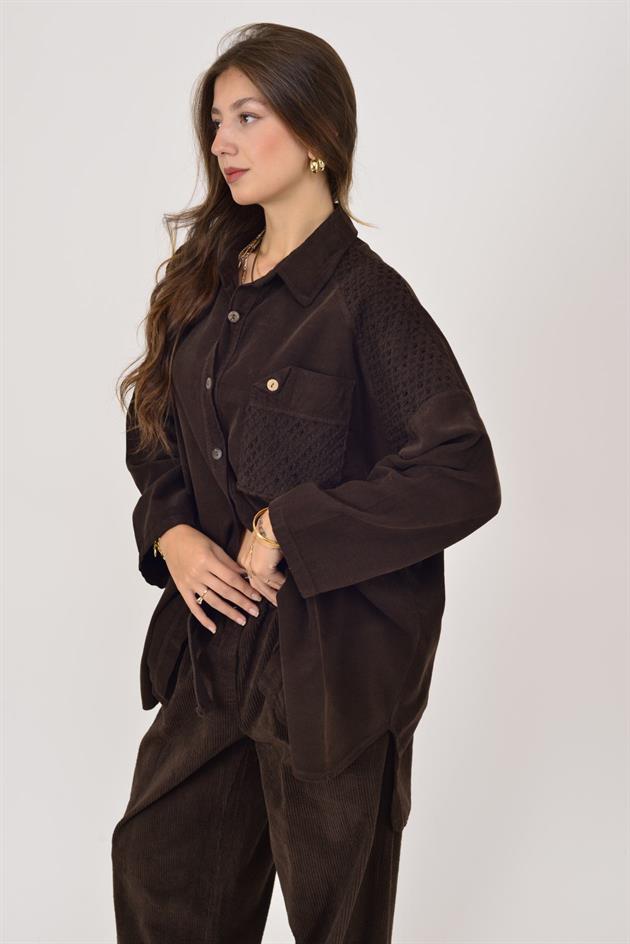 11439 LOVA FİSTO DETAYLI FİTİLLİ KADİFE GÖMLEK