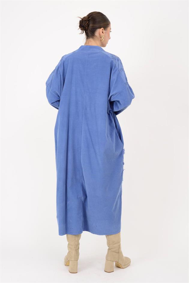 11444 LOVA ÇİÇEK KABARTMALI PUL DETAYLI FİTİLLİ KADİFE ELBİSE