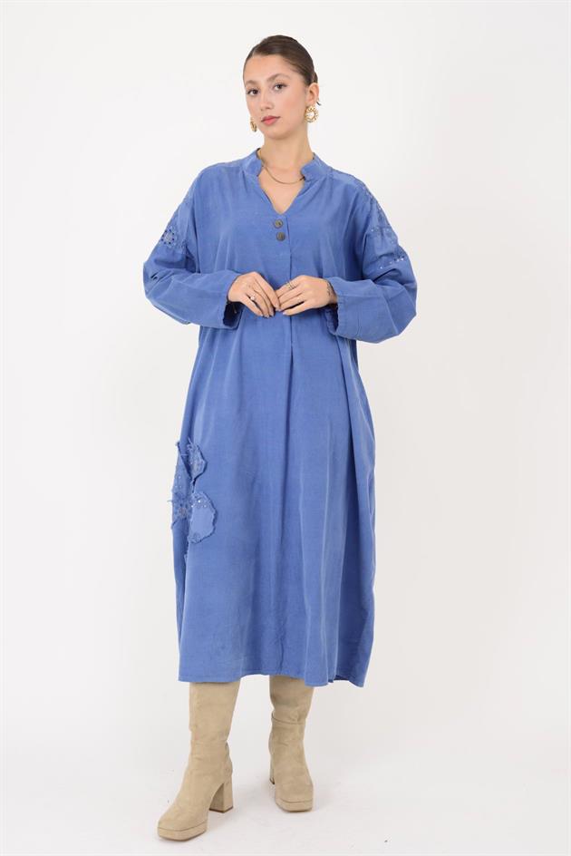 11444 LOVA ÇİÇEK KABARTMALI PUL DETAYLI FİTİLLİ KADİFE ELBİSE