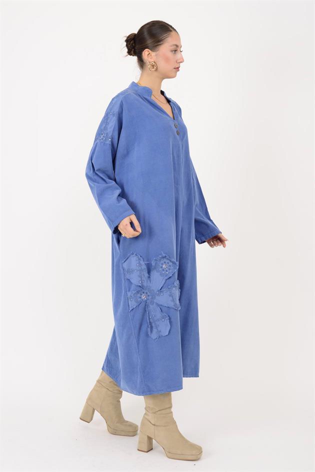 11444 LOVA ÇİÇEK KABARTMALI PUL DETAYLI FİTİLLİ KADİFE ELBİSE