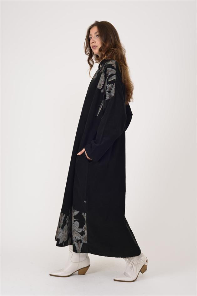 11477 LOVA ÇİÇEK DESEN FİTİLLİ KADİFE ELBİSE