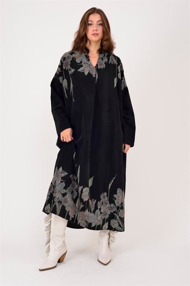 11477 LOVA ÇİÇEK DESEN FİTİLLİ KADİFE ELBİSE