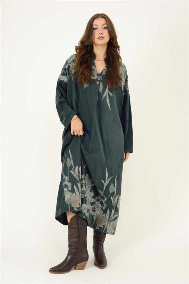 11477 LOVA ÇİÇEK DESEN FİTİLLİ KADİFE ELBİSE