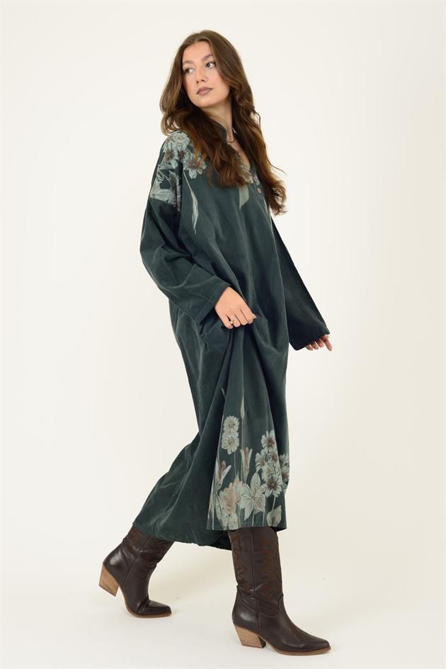 11477 LOVA ÇİÇEK DESEN FİTİLLİ KADİFE ELBİSE