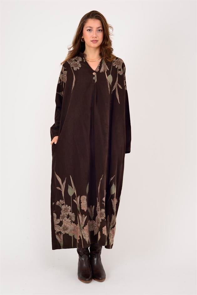 11477 LOVA ÇİÇEK DESEN FİTİLLİ KADİFE ELBİSE