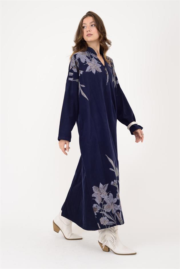 11477 LOVA ÇİÇEK DESEN FİTİLLİ KADİFE ELBİSE