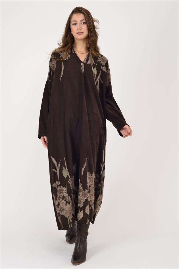 11477 LOVA ÇİÇEK DESEN FİTİLLİ KADİFE ELBİSE