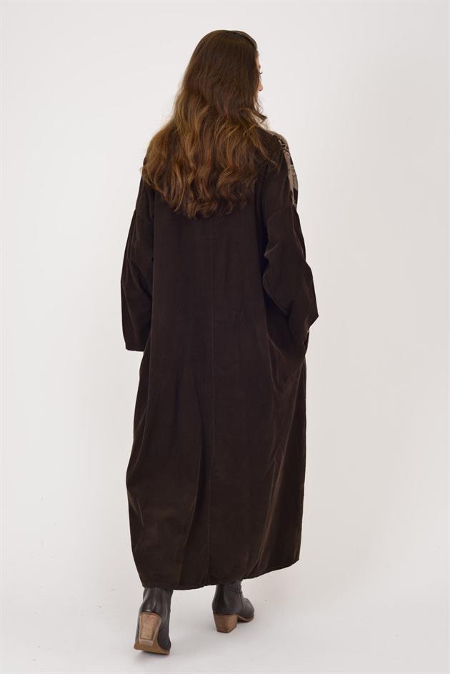 11477 LOVA ÇİÇEK DESEN FİTİLLİ KADİFE ELBİSE