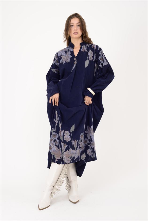 11477 LOVA ÇİÇEK DESEN FİTİLLİ KADİFE ELBİSE