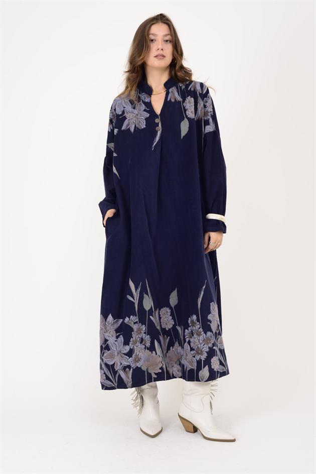 11477 LOVA ÇİÇEK DESEN FİTİLLİ KADİFE ELBİSE