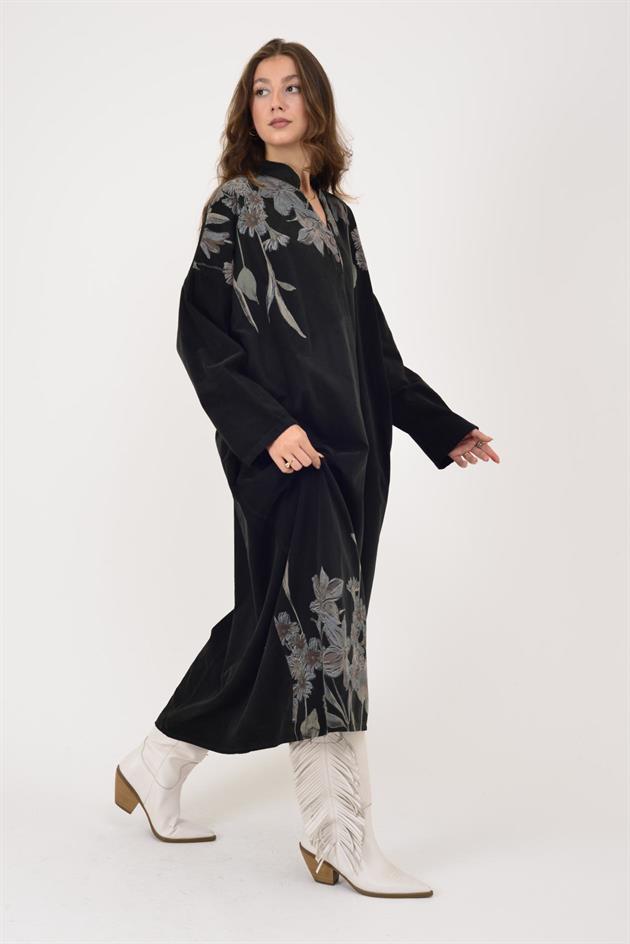 11477 LOVA ÇİÇEK DESEN FİTİLLİ KADİFE ELBİSE