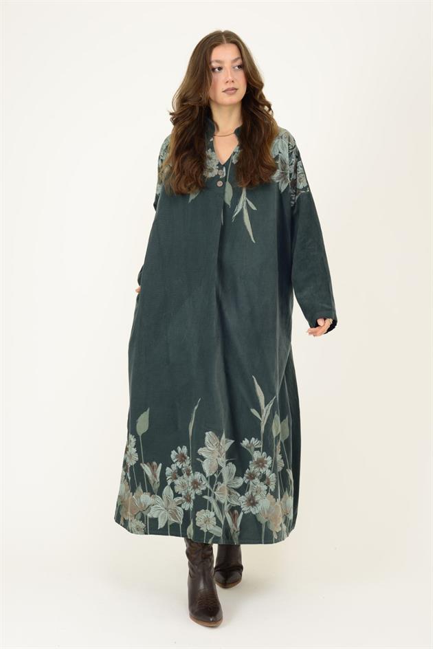 11477 LOVA ÇİÇEK DESEN FİTİLLİ KADİFE ELBİSE