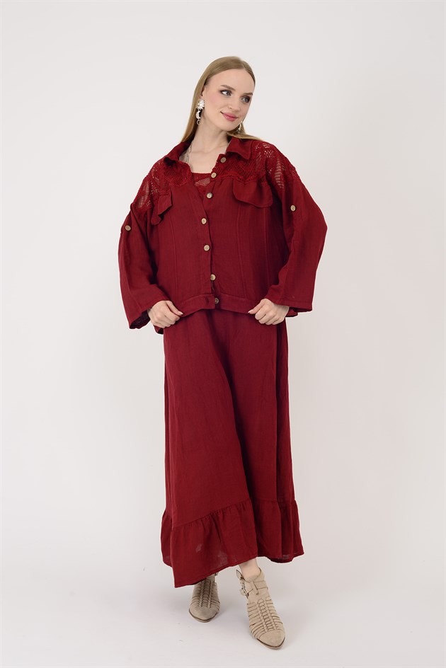 11656 LOVA AJUR DETAY CEKETLİ 2Lİ KETEN TAKIM ELBİSE