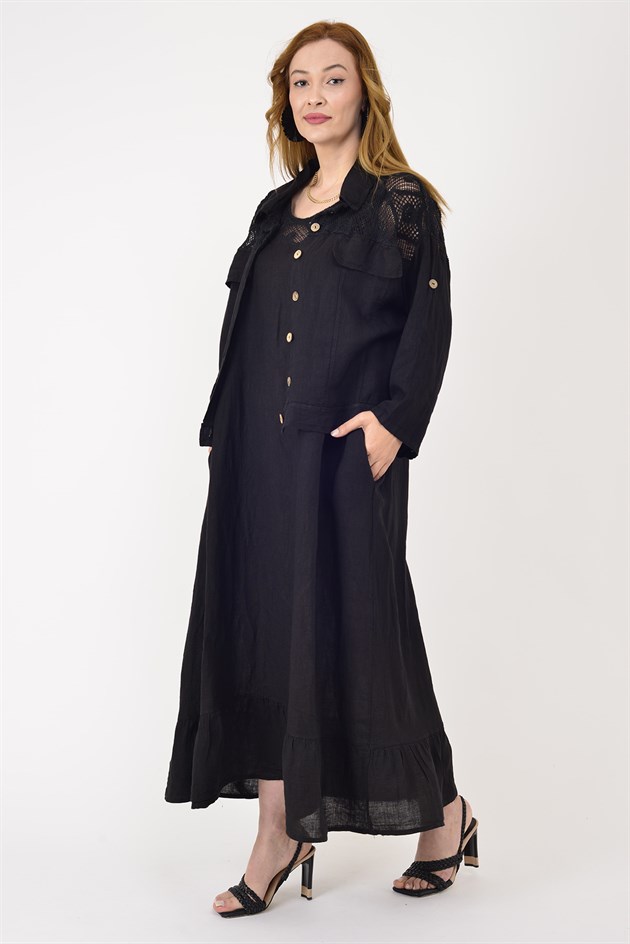 11656 LOVA AJUR DETAY CEKETLİ 2Lİ KETEN TAKIM ELBİSE