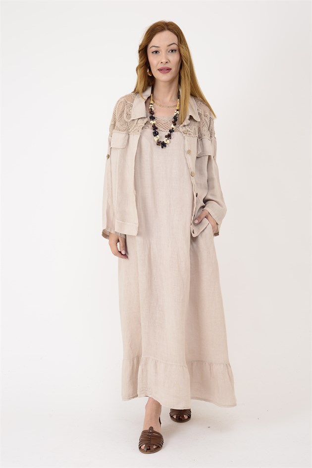 11656 LOVA AJUR DETAY CEKETLİ 2Lİ KETEN TAKIM ELBİSE