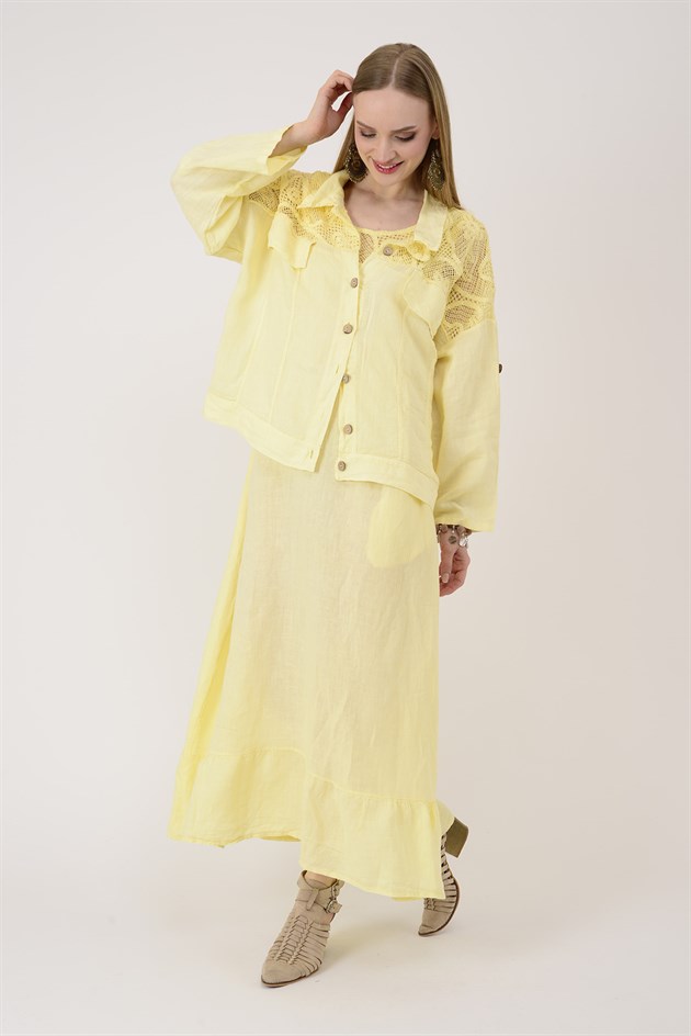 11656 LOVA AJUR DETAY CEKETLİ 2Lİ KETEN TAKIM ELBİSE