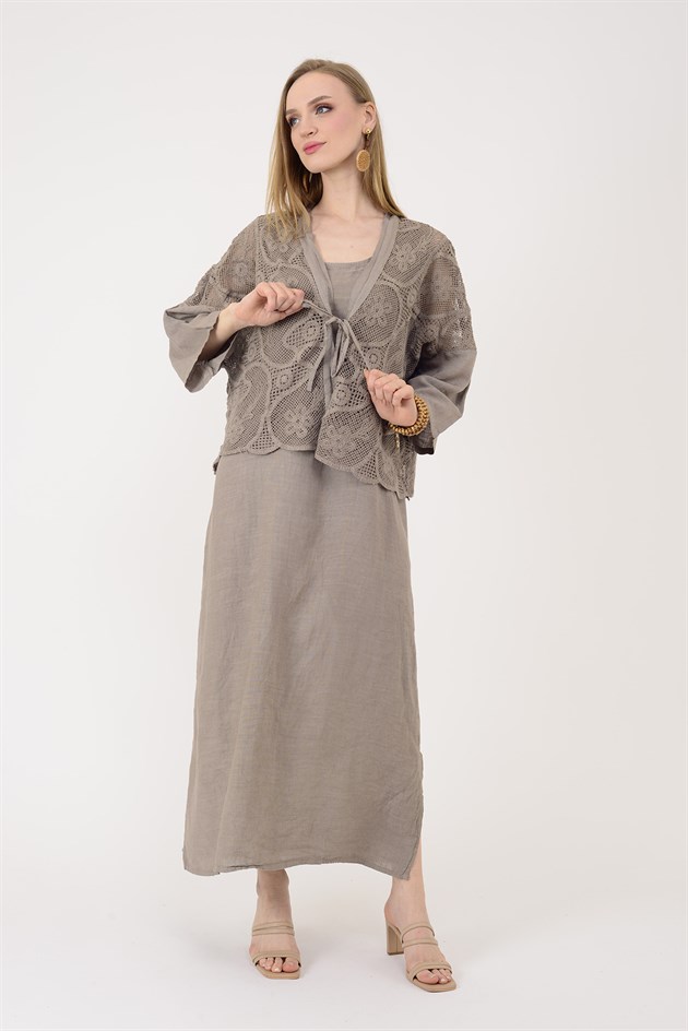 11694 LOVA AJUR BOLERO DETAYLI 2Lİ KETEN TAKIM ELBİSE