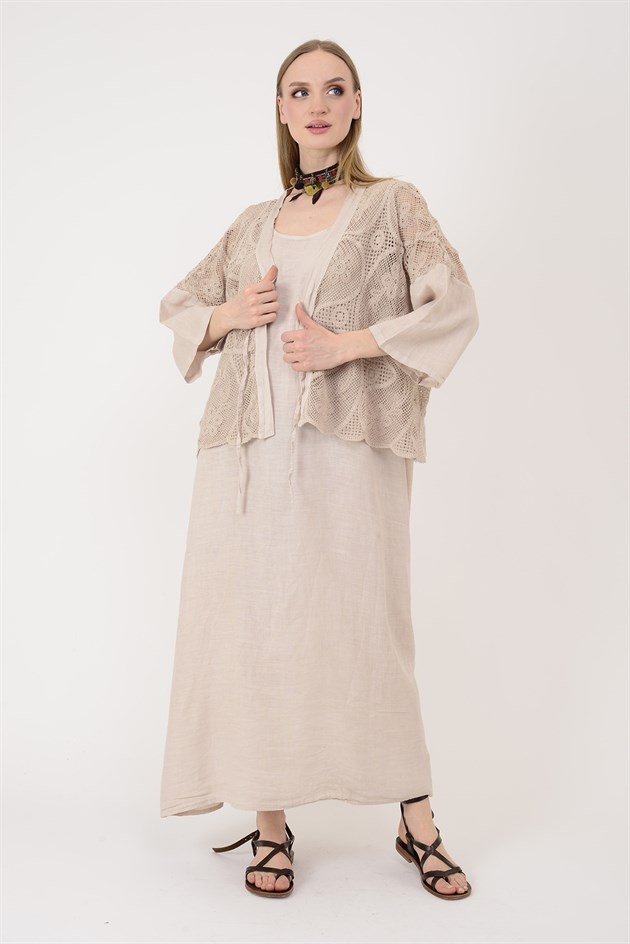 11694 LOVA AJUR BOLERO DETAYLI 2Lİ KETEN TAKIM ELBİSE