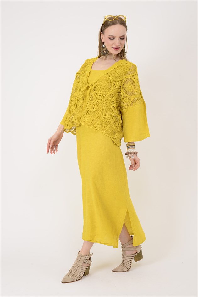 11694 LOVA AJUR BOLERO DETAYLI 2Lİ KETEN TAKIM ELBİSE