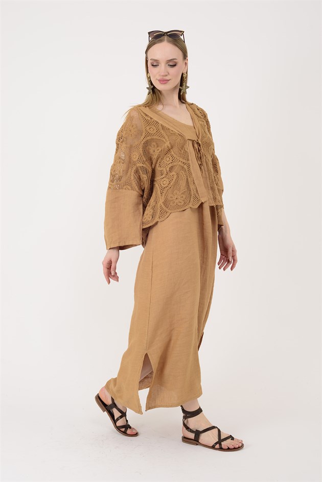 11694 LOVA AJUR BOLERO DETAYLI 2Lİ KETEN TAKIM ELBİSE