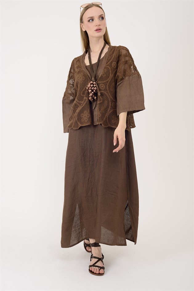 11694 LOVA AJUR BOLERO DETAYLI 2Lİ KETEN TAKIM ELBİSE