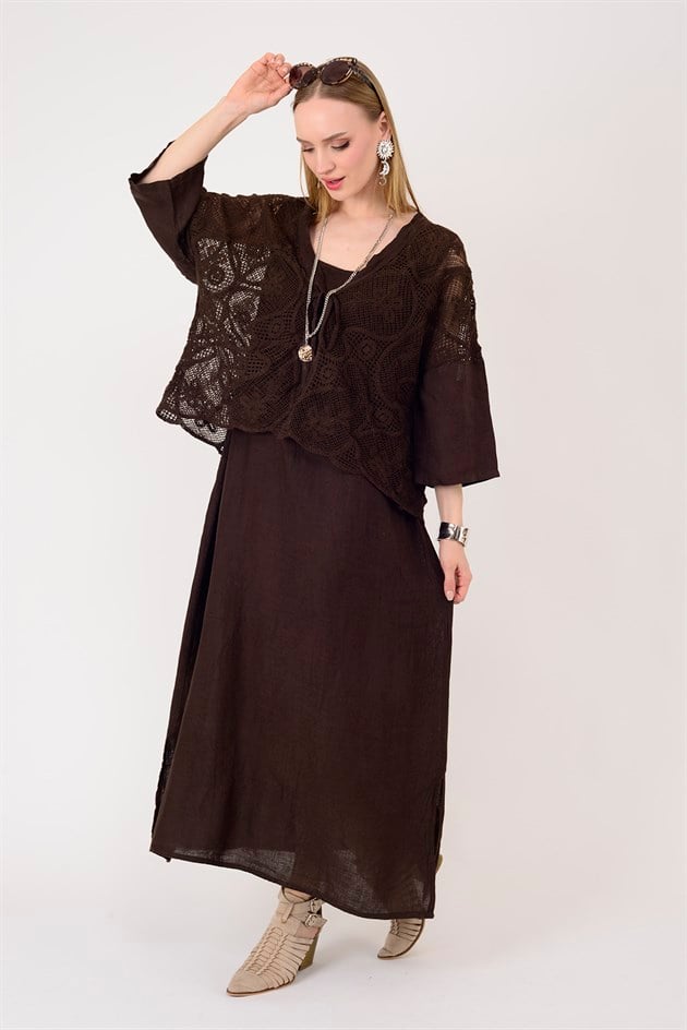 11694 LOVA AJUR BOLERO DETAYLI 2Lİ KETEN TAKIM ELBİSE