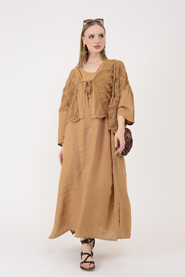 11694 LOVA AJUR BOLERO DETAYLI 2Lİ KETEN TAKIM ELBİSE