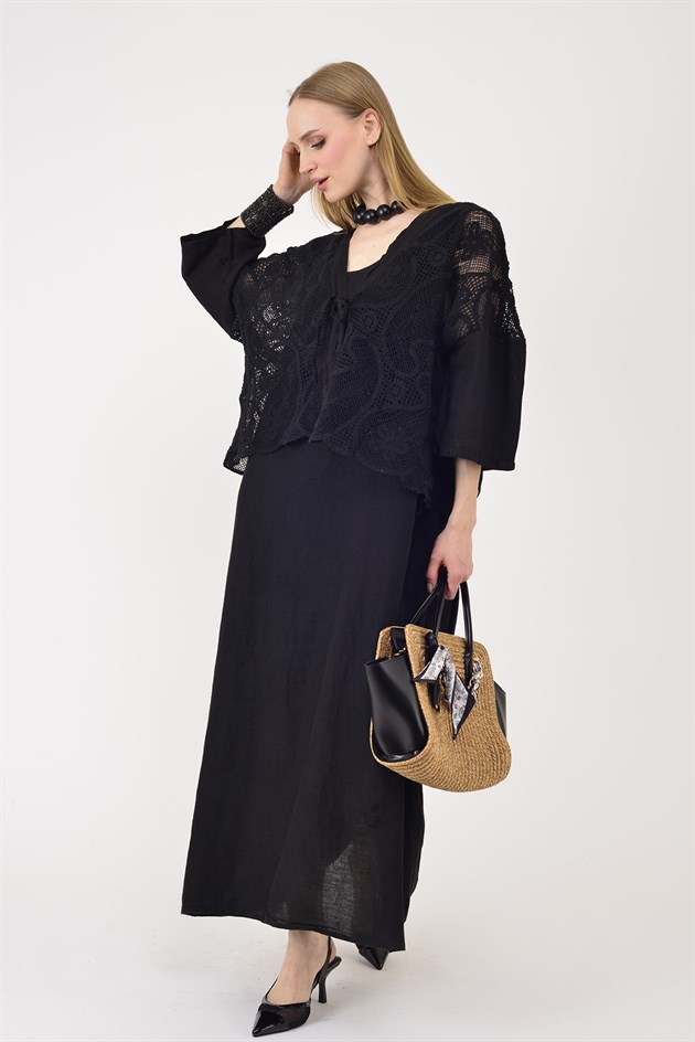 11694 LOVA AJUR BOLERO DETAYLI 2Lİ KETEN TAKIM ELBİSE