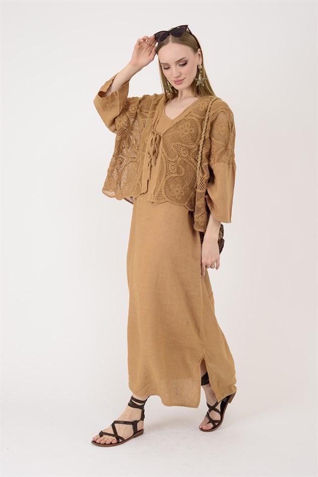 11694 LOVA AJUR BOLERO DETAYLI 2Lİ KETEN TAKIM ELBİSE