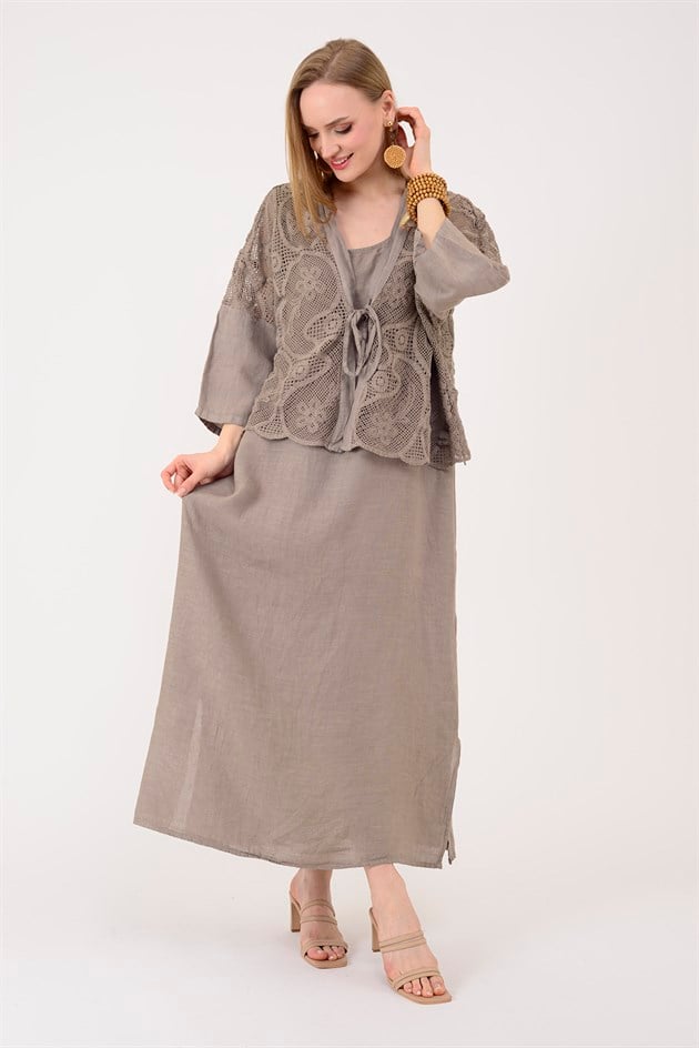 11694 LOVA AJUR BOLERO DETAYLI 2Lİ KETEN TAKIM ELBİSE