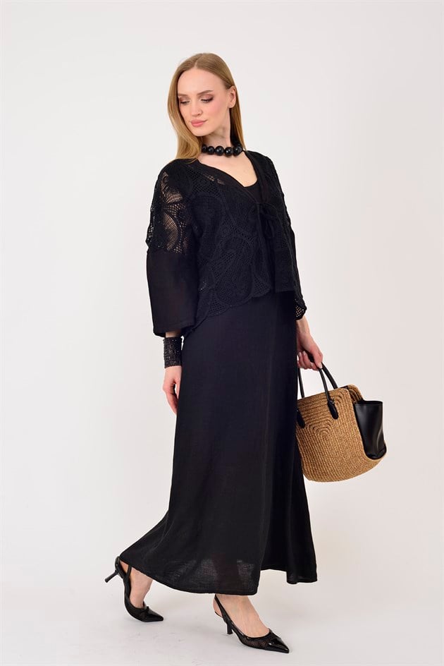 11694 LOVA AJUR BOLERO DETAYLI 2Lİ KETEN TAKIM ELBİSE