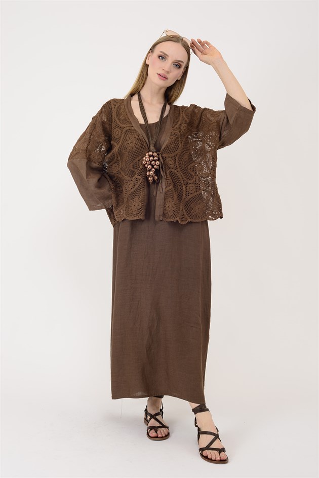 11694 LOVA AJUR BOLERO DETAYLI 2Lİ KETEN TAKIM ELBİSE